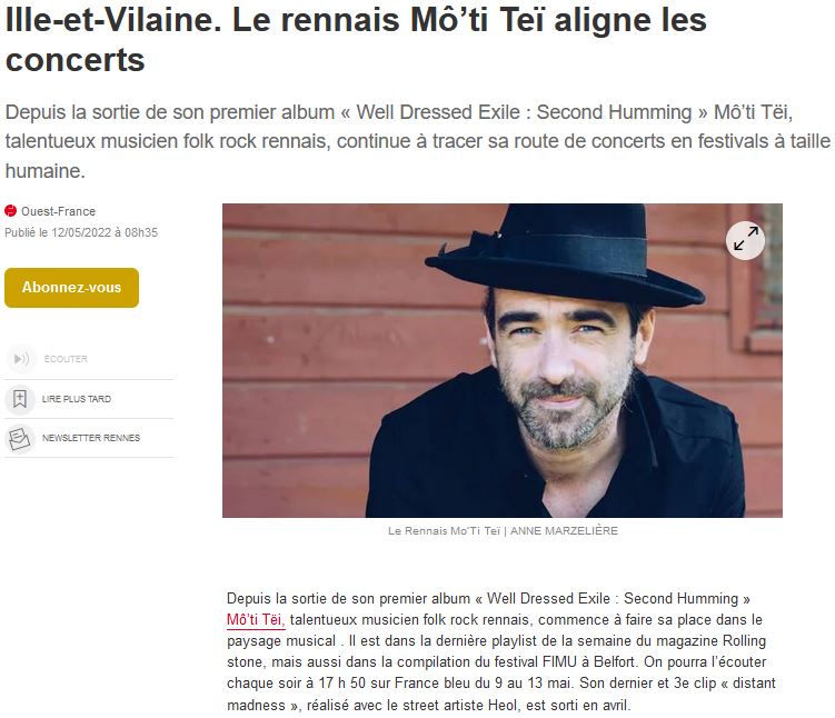 Article Ouest France Concerts - 12-05-22
